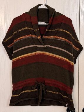 Woolrich Olive Green and Burgundy Striped Knit Short Sleeve Sweater Top